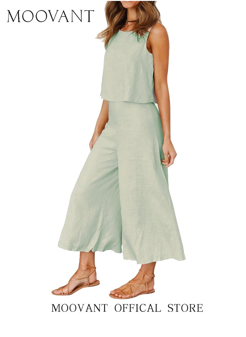 Moovant Women's 2 Pieces Outfits, Thin and Soft, Crew-neck Basic Sleeveless Top Cropped Wide Leg Pants Set, Ladies Summer Wearing Clothes, Light Green  - Image 4