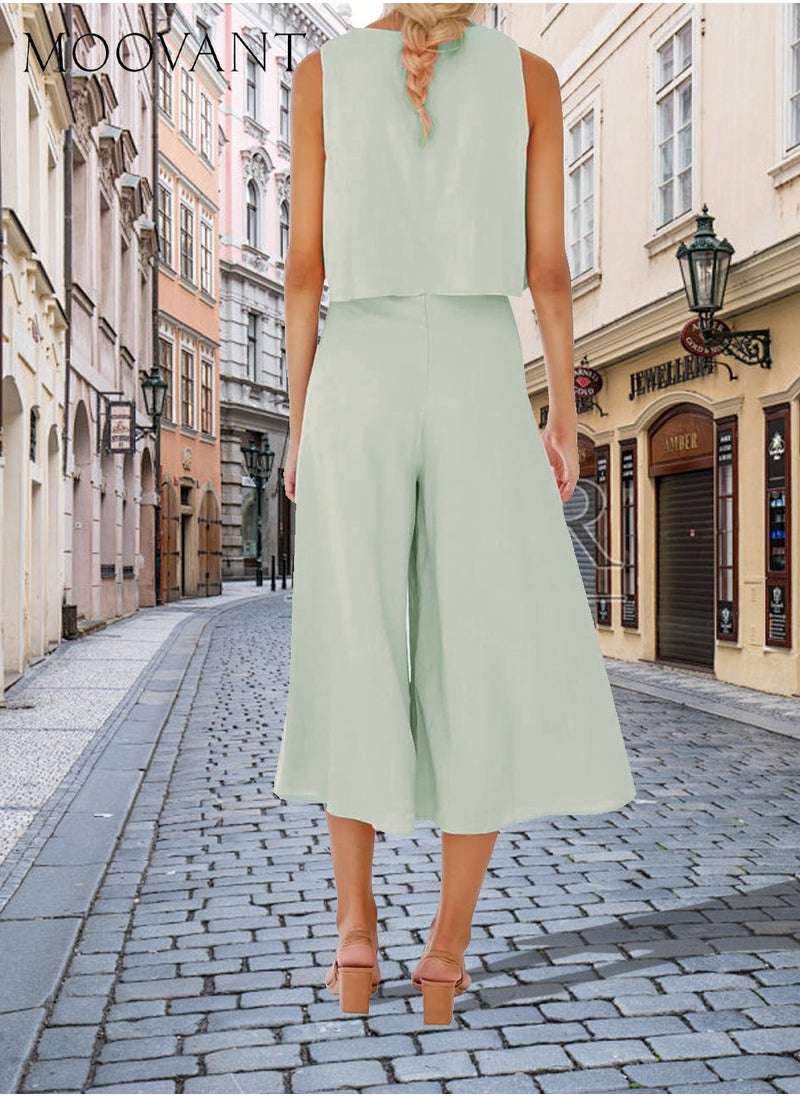 Moovant Women's 2 Pieces Outfits, Thin and Soft, Crew-neck Basic Sleeveless Top Cropped Wide Leg Pants Set, Ladies Summer Wearing Clothes, Light Green  - Image 5