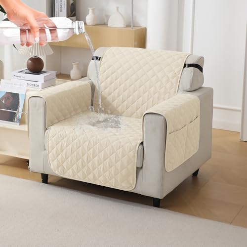 HOKIPO Polyester Quilted Sofa Mat With Bottom Waterproof Layer With Side Pockets, 175(D) X 110(L) Cm, Cream(Ar-5139-W6) - Image 1