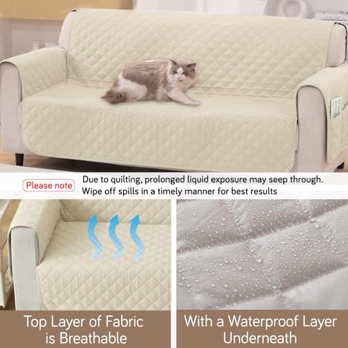 HOKIPO Polyester Quilted Sofa Mat With Bottom Waterproof Layer With Side Pockets, 175(D) X 110(L) Cm, Cream(Ar-5139-W6) - Image 4