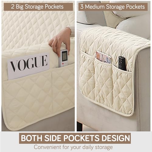 HOKIPO Polyester Quilted Sofa Mat With Bottom Waterproof Layer With Side Pockets, 175(D) X 110(L) Cm, Cream(Ar-5139-W6) - Image 2