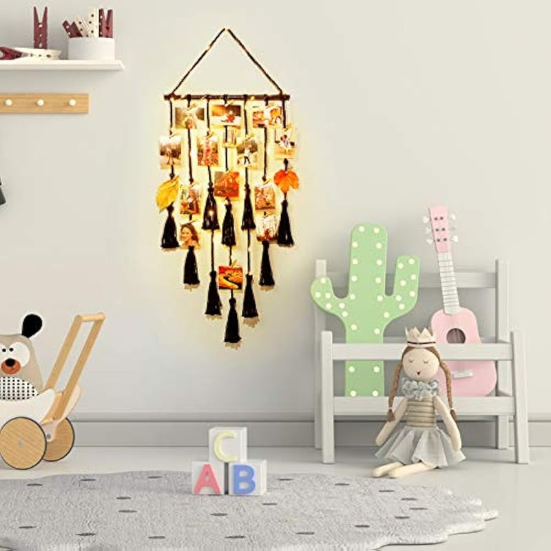 عربست هوم كور ديكور حائط معلق لعرض الصور، مكرامية سوداء معلقة لديكور الغرفة، اطار صور مع ضوء عن بعد 30 مشبك، ديكور غرفة النوم والشقة، هدايا  والام والجدة والفتيات المراهقات - Image 5