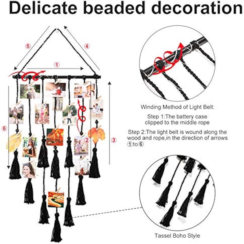 عربست هوم كور ديكور حائط معلق لعرض الصور، مكرامية سوداء معلقة لديكور الغرفة، اطار صور مع ضوء عن بعد 30 مشبك، ديكور غرفة النوم والشقة، هدايا  والام والجدة والفتيات المراهقات - Image 4