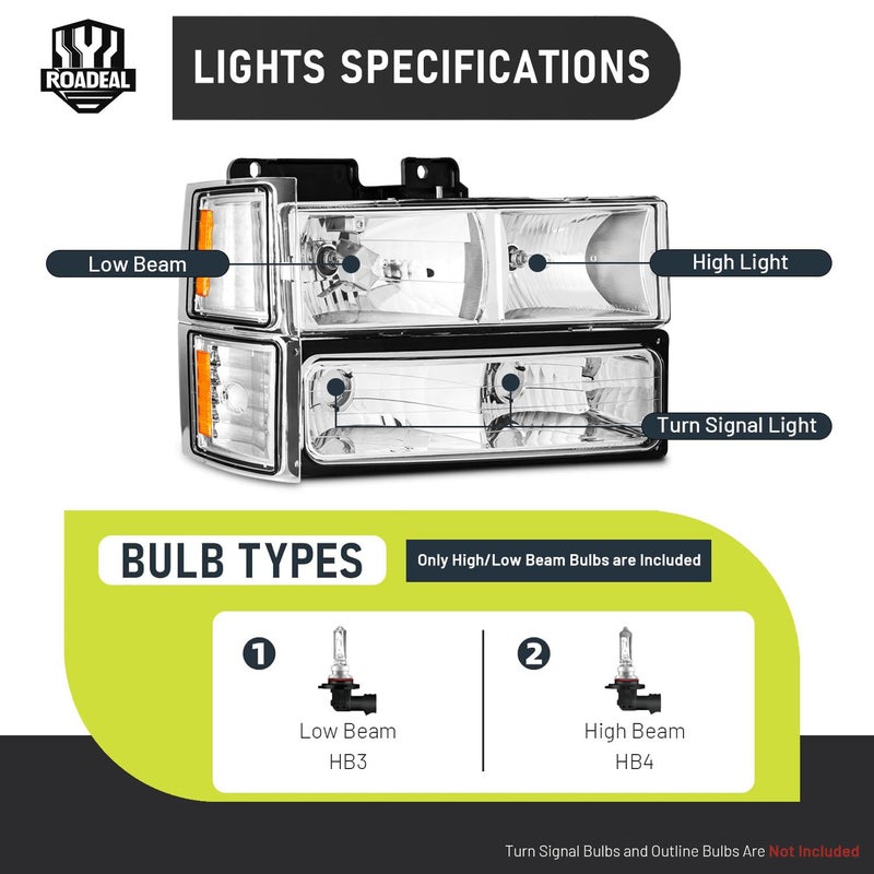 ROADEAL Headlights W/Bulbs for 1994-1998 Chevy C10 Pickup C/K 1500 2500 3500 Chevy Silverado Tahoe Suburban, 1992-1994 Blazer Driver & Passenger Side - Image 3