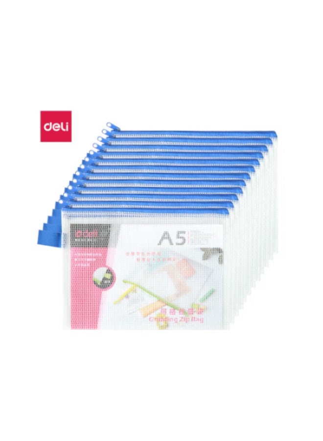 Deli 5591 Mesh GRIDDING Zip Bag A5 Pack of 12 Blue - ideal for organizing small office or school supplies - Image 1