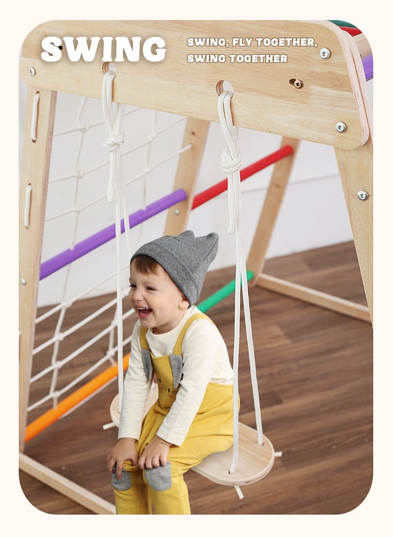 ما بيبي إطار تسلق 7 في 1 للاستخدام الداخلي للأطفال من الخشب الصلب، منزلق صغير للحديقة العائلية، حبل تسلق على الحائط، قضبان قرد، أرجوحة تسلق الصخور للأطفال، مجموعة أرجوحة - Image 5
