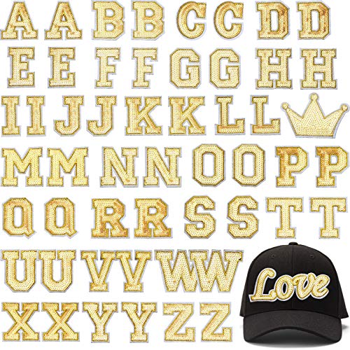 Chuangdi 54 Pieces Iron on Sequin Letters Alphabet Patches Iron on Appliques Love Design Sew on Patches Glitter Hotfix for Bag Shoes DIY Craft SuppliesGold - Image 1