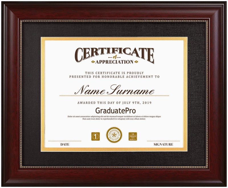 GraduatePro 8.5x11 Diploma Frame with Black Over Gold Mat or Display 11x14 Document without Mat, CPA License Frame, UV Protection Acrylic, Mahogany with Gold Beads - Image 1