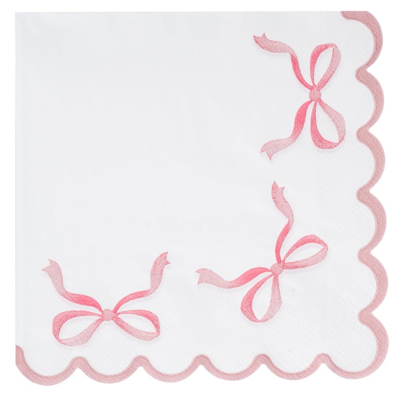 Elyxio 100 Pink Bow Paper Napkins Coquette Cute Disposable Party Napkins 6.5" Scalloped Edge White Pink Hand Towels for Birthday Bridal Bachelorette Party Supplies - Image 1