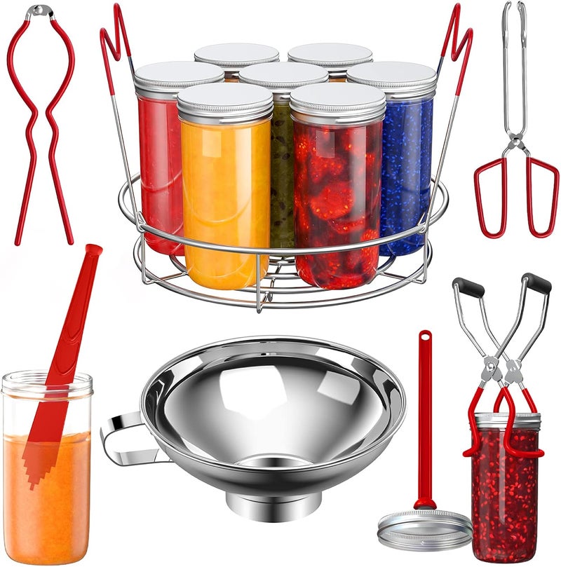Pisol Canning Supplies Starter Kit, 7 Piece Canning Tools Set with Stainless Steel Rack, Wide Mouth Funnel, Kitchen Tongs, Jar Lifter, Magnetic Lid Lifter, jar Wrench, Bubble Popper - Image 1