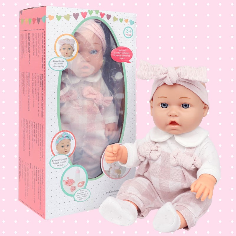 Ecore Fun 12" Baby Doll and Clothes Accessories Playset - 6 Pcs 12 Inch Doll with Pink Romper Outfit, Headband, Socks, Pacifier, Bottle | Gift Ready in Box - Image 3