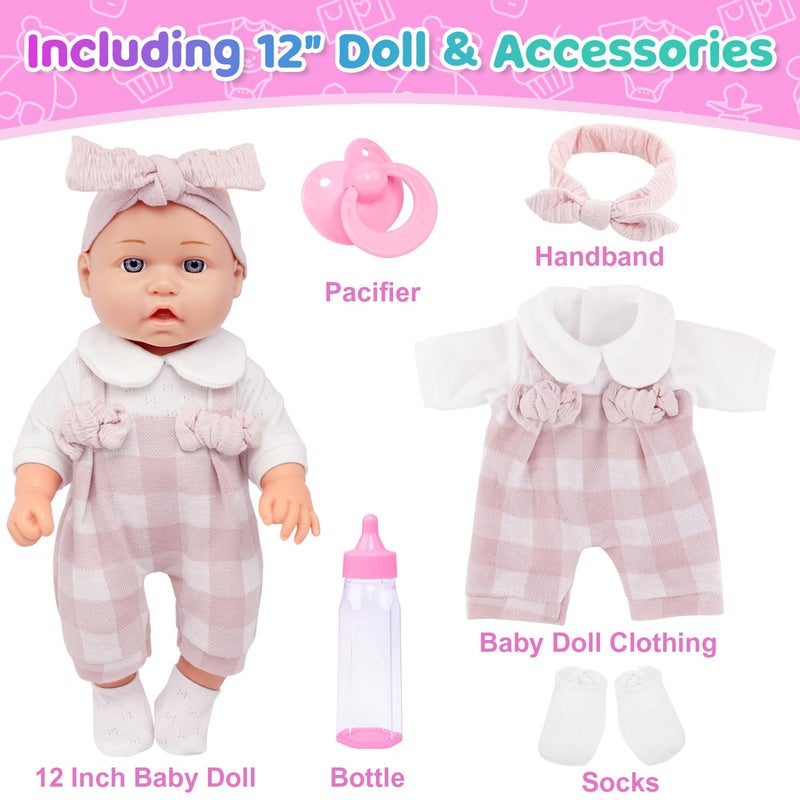 Ecore Fun 12" Baby Doll and Clothes Accessories Playset - 6 Pcs 12 Inch Doll with Pink Romper Outfit, Headband, Socks, Pacifier, Bottle | Gift Ready in Box - Image 2