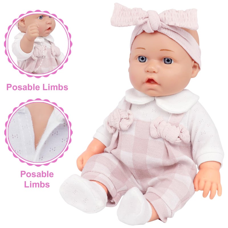 Ecore Fun 12" Baby Doll and Clothes Accessories Playset - 6 Pcs 12 Inch Doll with Pink Romper Outfit, Headband, Socks, Pacifier, Bottle | Gift Ready in Box - Image 4