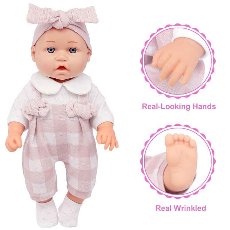 Ecore Fun 12" Baby Doll and Clothes Accessories Playset - 6 Pcs 12 Inch Doll with Pink Romper Outfit, Headband, Socks, Pacifier, Bottle | Gift Ready in Box - Image 5