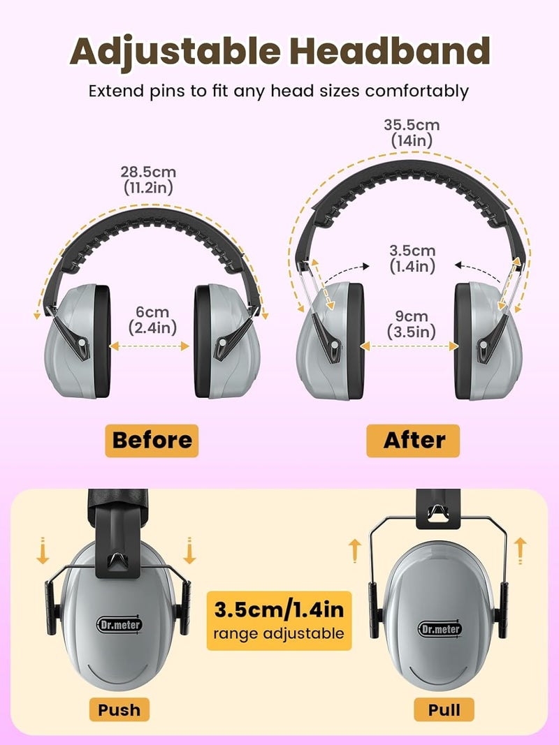 Dr.Meter Hearing Protection Earmuffs, 31dB Noise Reduction Safety Ear Muffs with Adjustable Headband for Adults Kids Autism Sensory, Ear Muff for Yard Work, Mowing or Hunting -Grey - Image 3