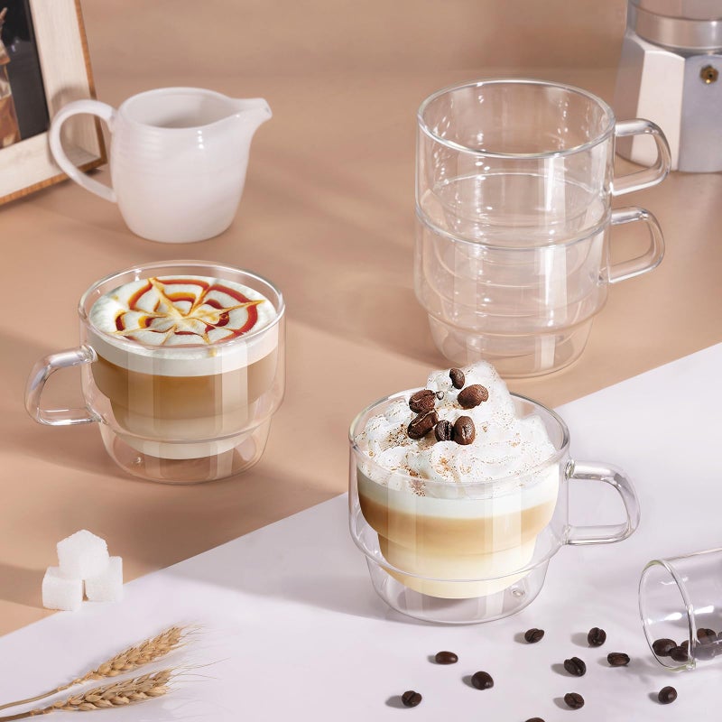 glastal 12 oz Latte Macchiato Glasses, Double-Walled Coffee Glasses, Set of 2, Glass Stackable Coffee Cups, Tea Glasses with Handle for Cappuccino, Tea, Milk, Gifts for Women Friends New Home Gift - Image 5
