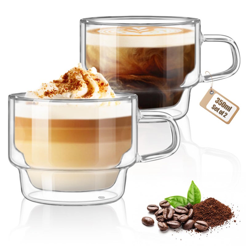 glastal 12 oz Latte Macchiato Glasses, Double-Walled Coffee Glasses, Set of 2, Glass Stackable Coffee Cups, Tea Glasses with Handle for Cappuccino, Tea, Milk, Gifts for Women Friends New Home Gift - Image 1