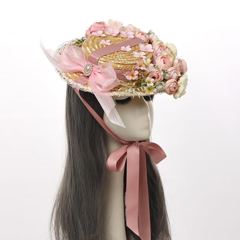COSDREAMER Girls Women Tea Party Sun Hat Lace Ribbons Straw Hats Small Hat (H) - Image 3
