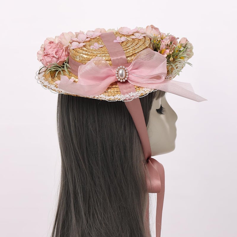 COSDREAMER Girls Women Tea Party Sun Hat Lace Ribbons Straw Hats Small Hat (H) - Image 5