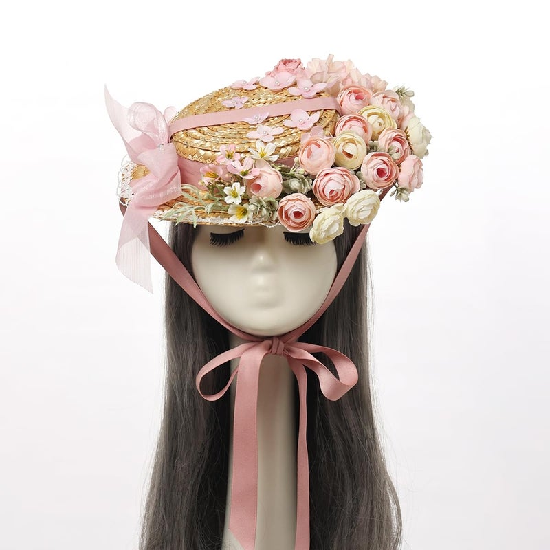 COSDREAMER Girls Women Tea Party Sun Hat Lace Ribbons Straw Hats Small Hat (H) - Image 2