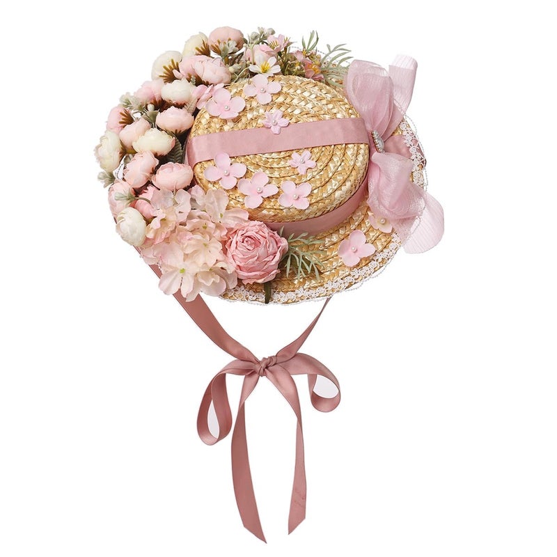 COSDREAMER Girls Women Tea Party Sun Hat Lace Ribbons Straw Hats Small Hat (H) - Image 1