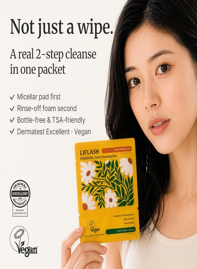 LIFLASH Store LIFLASH ONE&DONE Travel Face Wash & Makeup Remover Kit, 10 Single-Use Double Cleanse Packets, Micellar Pad + Foam Cleanser, Individually Wrapped, TSA Friendly Travel Size Toiletries, Vegan K-Beauty - Image 2