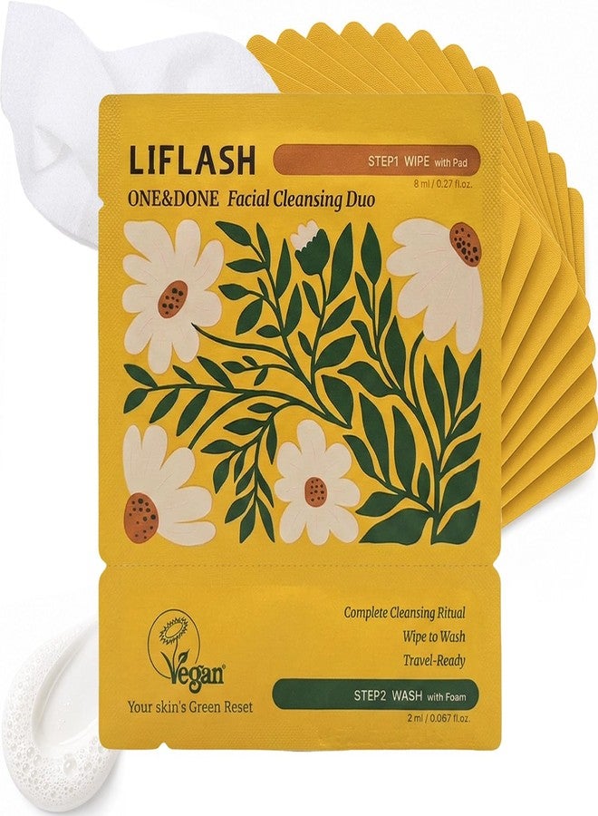 LIFLASH Store LIFLASH ONE&DONE Travel Face Wash & Makeup Remover Kit, 10 Single-Use Double Cleanse Packets, Micellar Pad + Foam Cleanser, Individually Wrapped, TSA Friendly Travel Size Toiletries, Vegan K-Beauty - Image 1