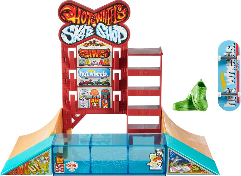 Hot Wheels Skate Playset with Exclusive Fingerboard Pair of Shoes Skate Shop Set Features Ramps Walls Edges for Skating Includes Storage - Image 3