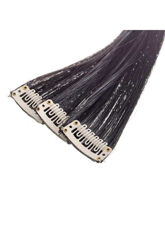 SWACC 12 Pcs Straight One Color Party Highlights Clip On In Hair Extensions Colored Hair Streak Synthetic Hairpieces (Black1B) - Image 3