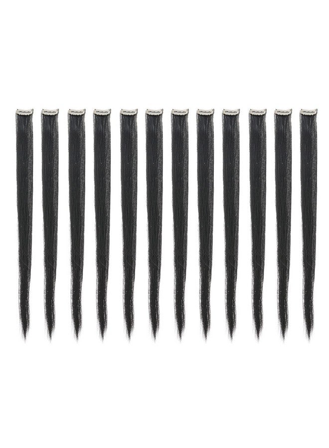 SWACC 12 Pcs Straight One Color Party Highlights Clip On In Hair Extensions Colored Hair Streak Synthetic Hairpieces (Black1B) - Image 1
