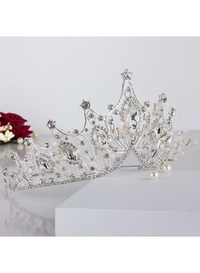 CROWN GUIDE تيجان باروك أنيقة لحفلات الزفاف للنساء العرائس كريستال لؤلؤ ملكي رأس العروس إكسسوارات شعر أميرة فضية - Image 4