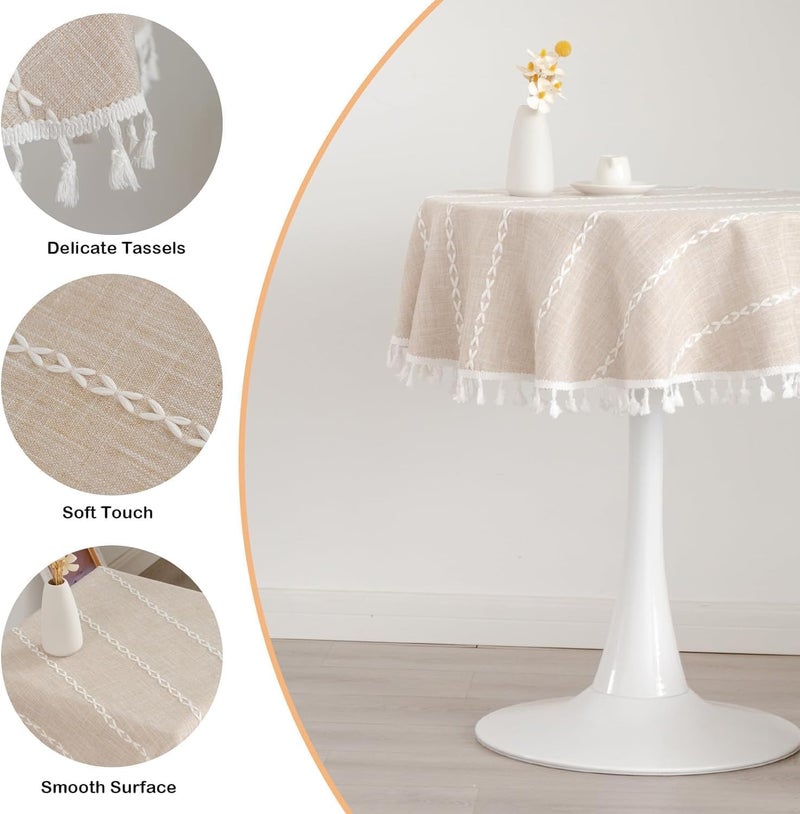 HZYH Round Rustic Small Tablecloth Washable Striped Linen Table Cloth Heavy Weight Farmhouse Style Tassel Table Cover for Kitchen Dining Party Coffee Table Decoration 36 Inch Light Coffee - Image 2