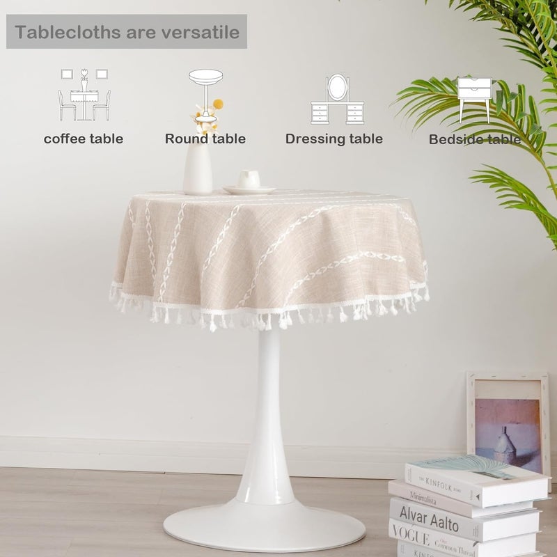 HZYH Round Rustic Small Tablecloth Washable Striped Linen Table Cloth Heavy Weight Farmhouse Style Tassel Table Cover for Kitchen Dining Party Coffee Table Decoration 36 Inch Light Coffee - Image 5