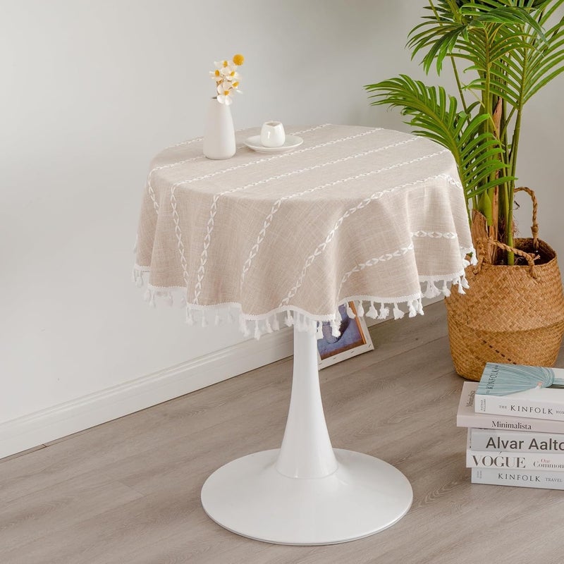 HZYH Round Rustic Small Tablecloth Washable Striped Linen Table Cloth Heavy Weight Farmhouse Style Tassel Table Cover for Kitchen Dining Party Coffee Table Decoration 36 Inch Light Coffee - Image 1