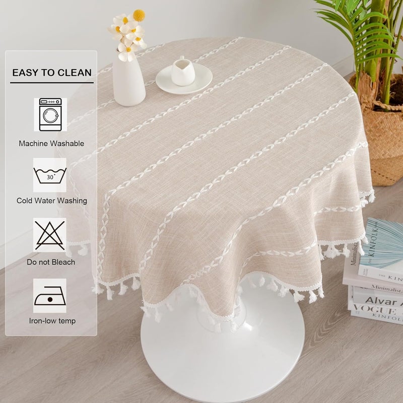HZYH Round Rustic Small Tablecloth Washable Striped Linen Table Cloth Heavy Weight Farmhouse Style Tassel Table Cover for Kitchen Dining Party Coffee Table Decoration 36 Inch Light Coffee - Image 4