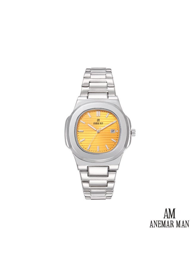 ANEMAR MAN High-quality, water-resistant men's stainless steel wristwatch with a silver strap and yellow dial.