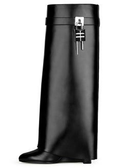 Loquat Women's Stylish Fold Over Knee High Boots Pointed Toe Wedge Heels Long Boots Black 