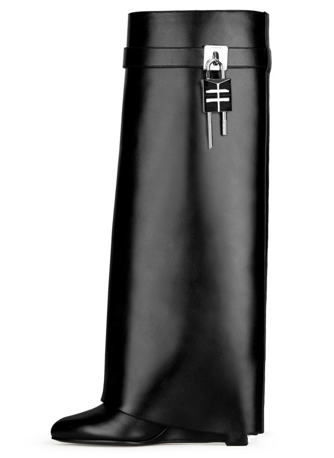 Loquat Women's Stylish Fold Over Knee High Boots Pointed Toe Wedge Heels Long Boots Black 