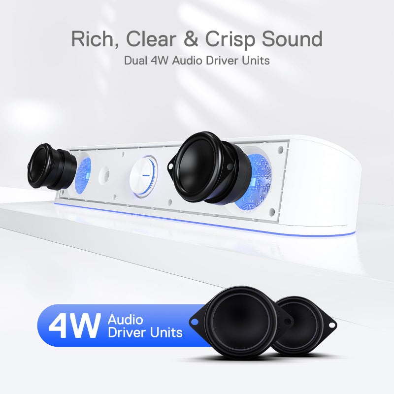 Redragon GS560 RGB Desktop Soundbar, 2.0 Channel Computer Speaker with Dynamic Lighting Bar Audio-Light Sync/Display, Touch-Control Backlit with Volume Knob, USB Powered w/ 3.5mm Cable, White - Image 3
