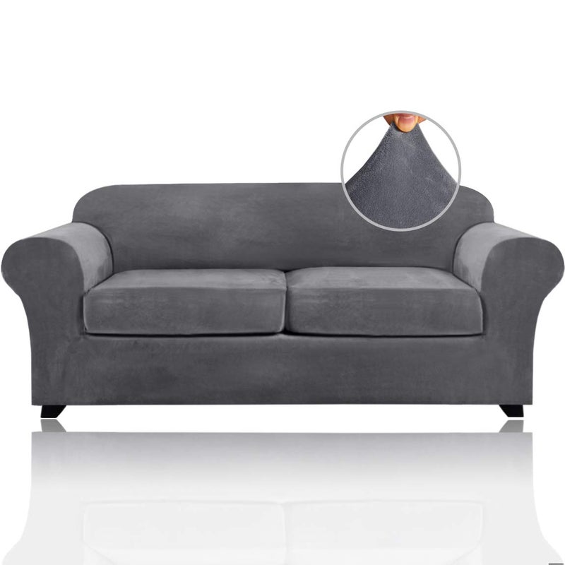 PrinceDeco PrinceDeco Couch Cover Velvet Plush Sofa Covers for 2 Cushion Couch Width Up to 90 Inch Washable Furniture Protector Pet Friendly No Slip Sofa SlipcoverMediumLarge Grey 