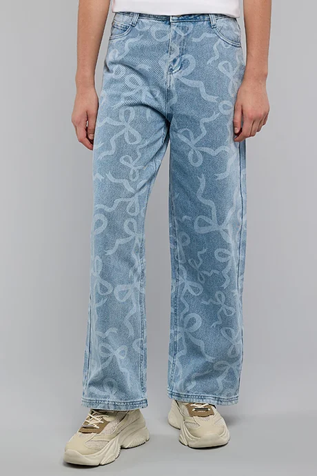 أر أند بي Bow Print Straight Jeans with Button Closure