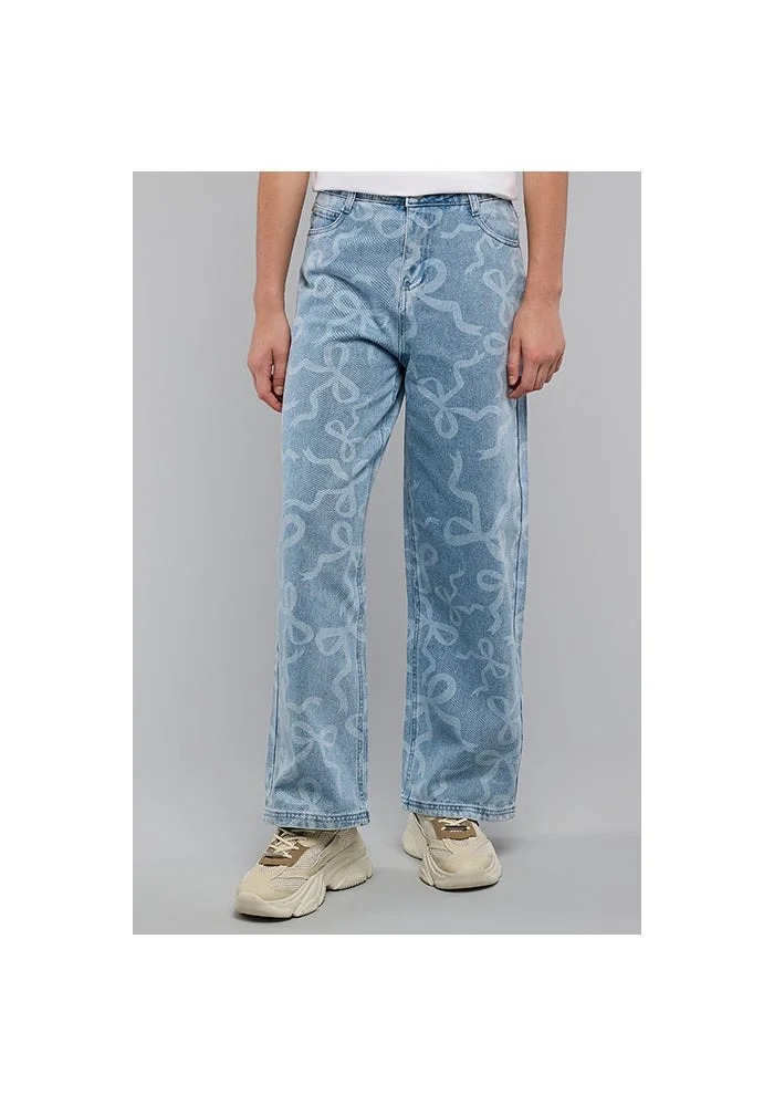 أر أند بي Bow Print Straight Jeans with Button Closure