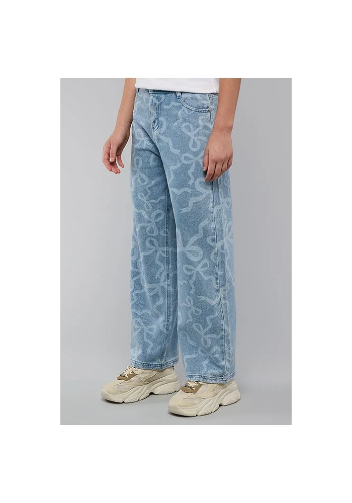 أر أند بي Bow Print Straight Jeans with Button Closure