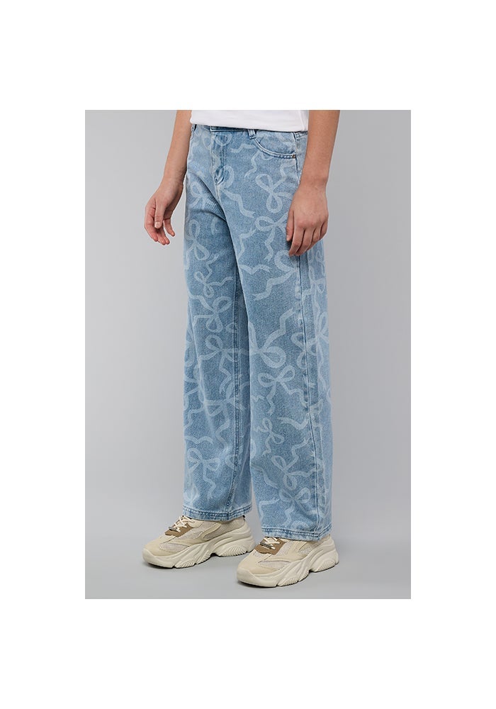 R&B Bow Print Straight Jeans with Button Closure - Image 2