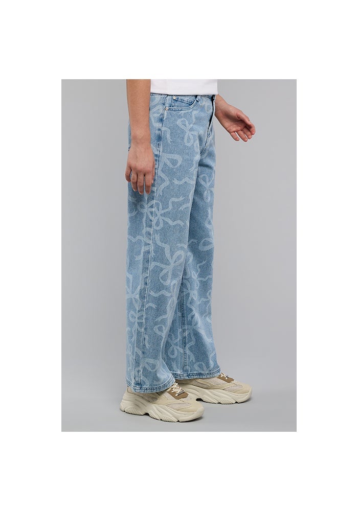 R&B Bow Print Straight Jeans with Button Closure - Image 4