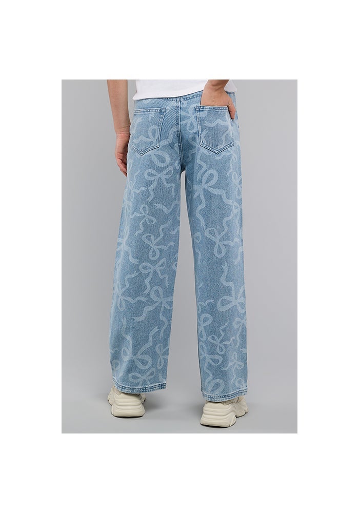R&B Bow Print Straight Jeans with Button Closure - Image 5