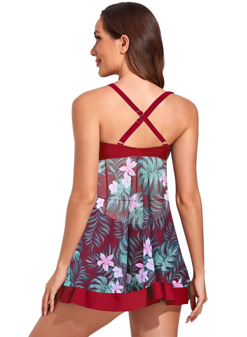 Loquat Wine Red Printed Pattern Gauze Skirt Style Split Bikini Modern Female Swimsuit - Image 3