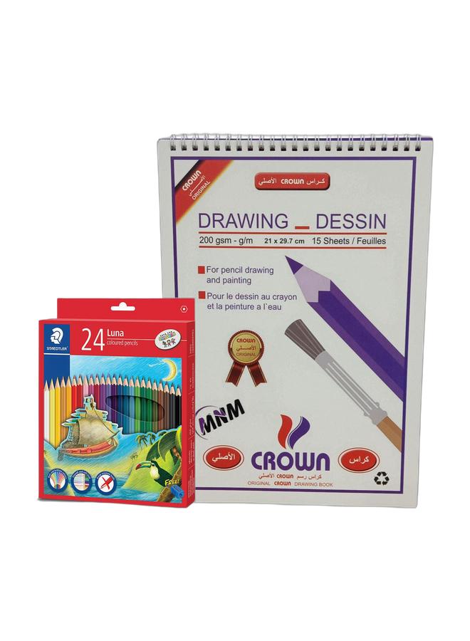 STAEDTLER مجموعة أقلام ملونة من STAEDTLER 24 لون + دفتر رسم أبيض 200 جرام - Image 1