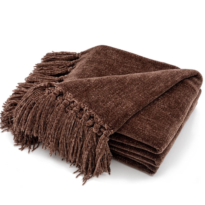 RECYCO Throw Blanket Soft Cozy Chenille Throw Blanket with Fringe Tassel for Couch Sofa Chair Bed Living Room Gift Brown 60 x 80