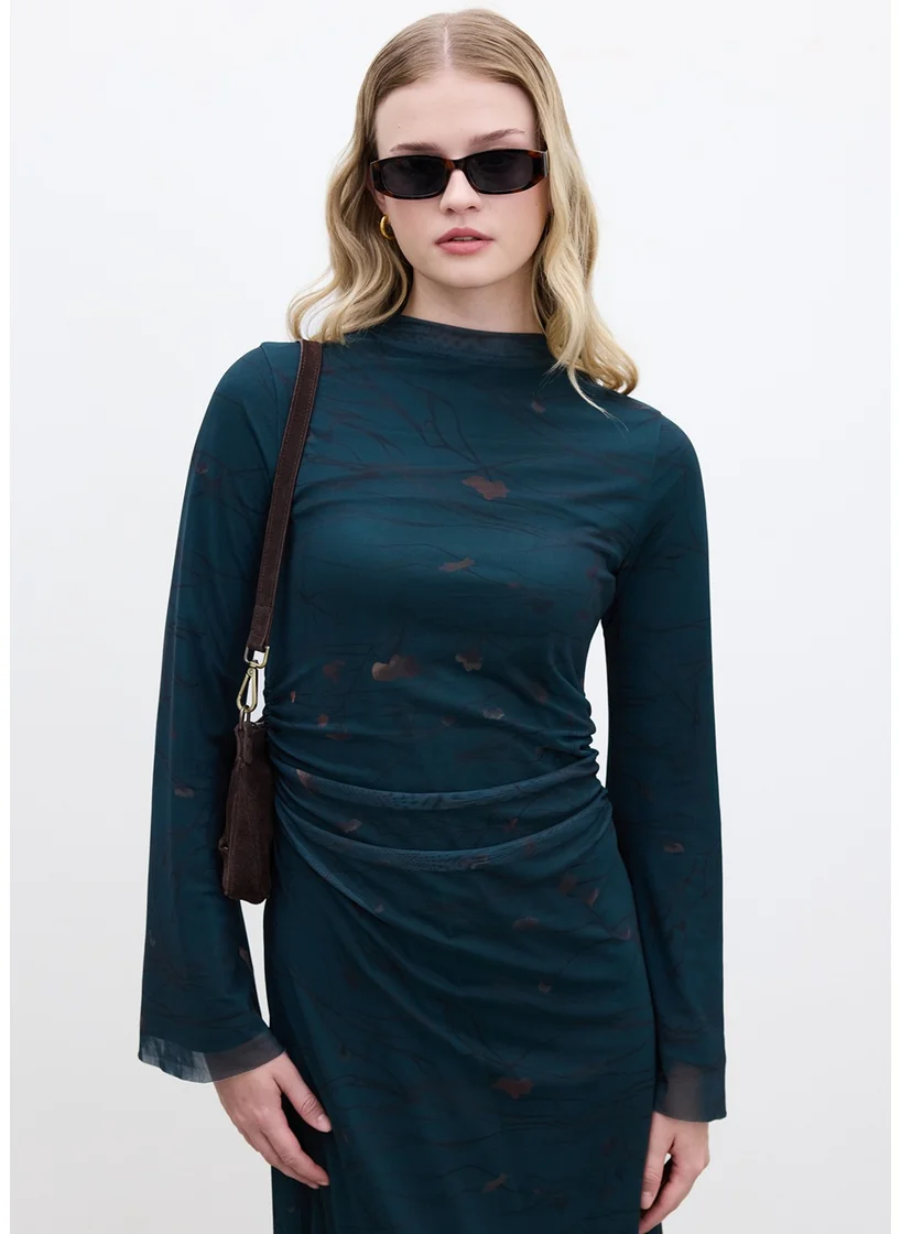 Manuka Patterned Wide Sleeve Tulle Dress Freesia